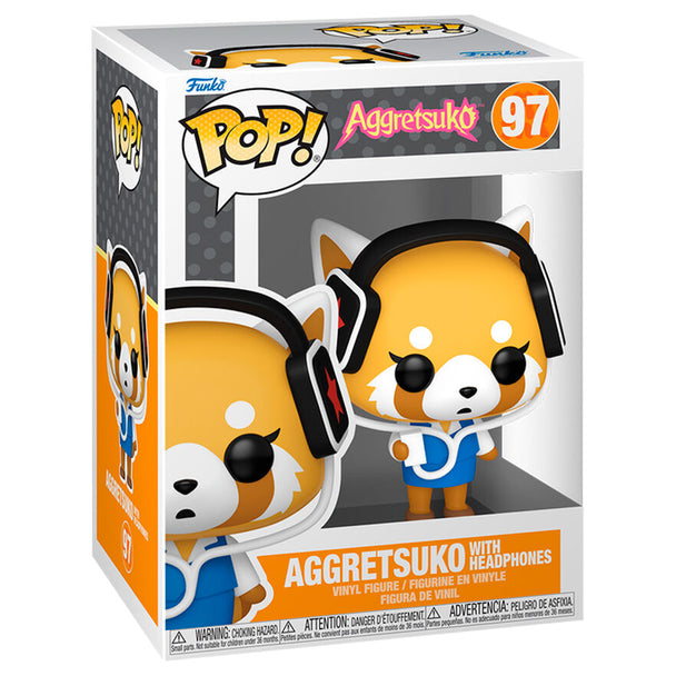 Figurine Funko POP Aggretsuko de 9 cm avec casque audio, vue de face dans sa boîte cadeau