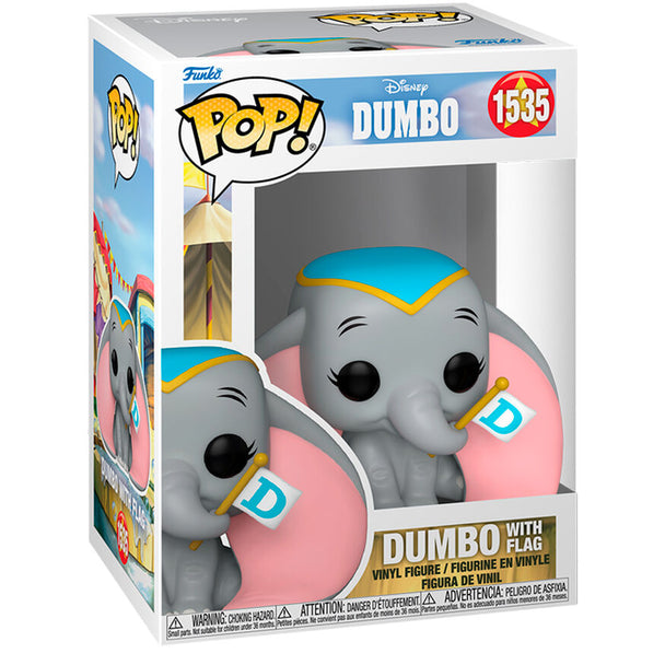 Figurine Funko POP Dumbo tenant un drapeau, vue de face dans sa boîte cadeau Disney