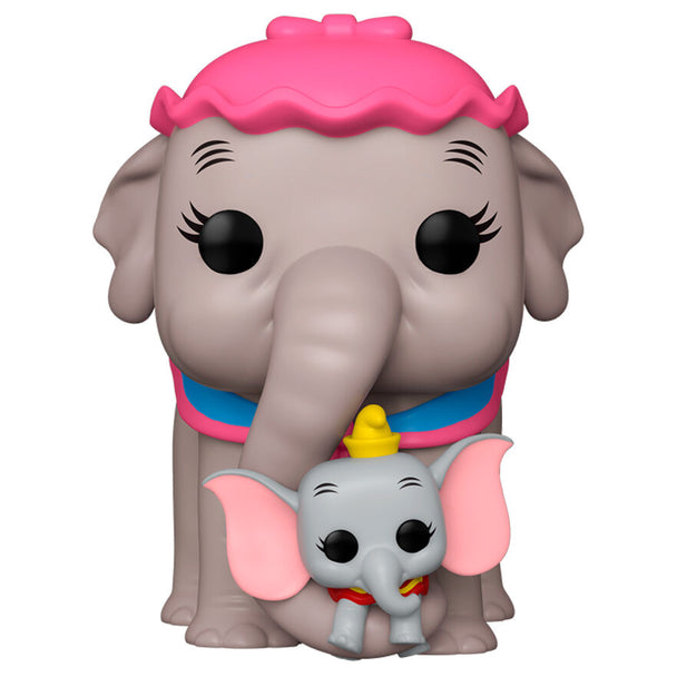 Figurine POP Funko de Dumbo avec ses grandes oreilles et son chapeau bleu, vue de face sur fond blanc.