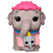 Figurine POP Funko de Dumbo avec ses grandes oreilles et son chapeau bleu, vue de face sur fond blanc.