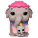 Figurine POP Funko de Dumbo avec ses grandes oreilles et son chapeau bleu, vue de face sur fond blanc.