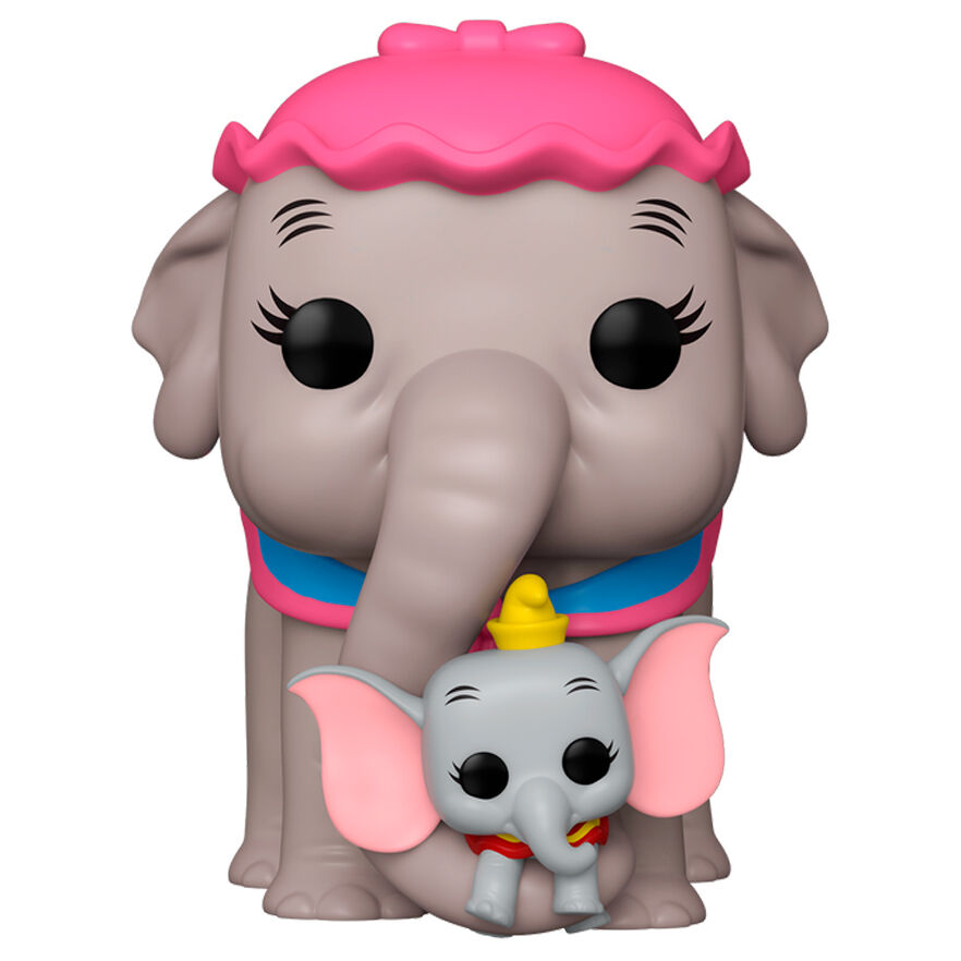 Figurine POP Funko de Dumbo avec ses grandes oreilles et son chapeau bleu, vue de face sur fond blanc.