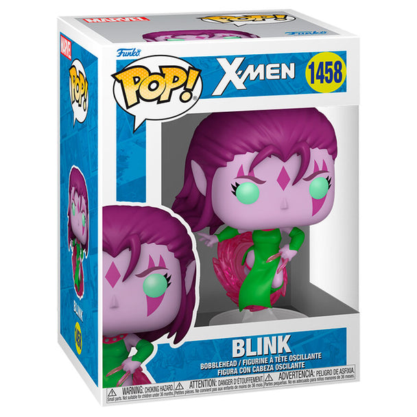 Vue rapprochée de la figurine Funko POP Marvel X-Men Blink avec détails colorés et boîte collector