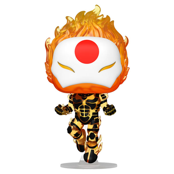 Vue rapprochée de la figurine Funko POP Sunfire avec détails colorés et emballage d'origine