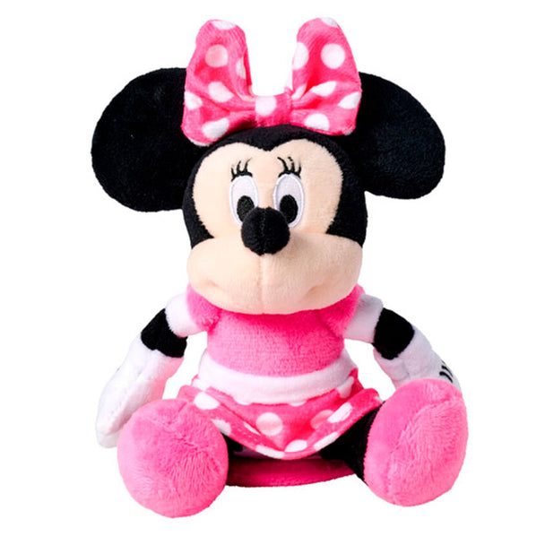 Peluche Minnie Disney de 12cm vue de face avec ses couleurs vives et son nœud rouge à pois blancs