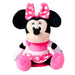Peluche Minnie Disney de 12cm vue de face avec ses couleurs vives et son nœud rouge à pois blancs