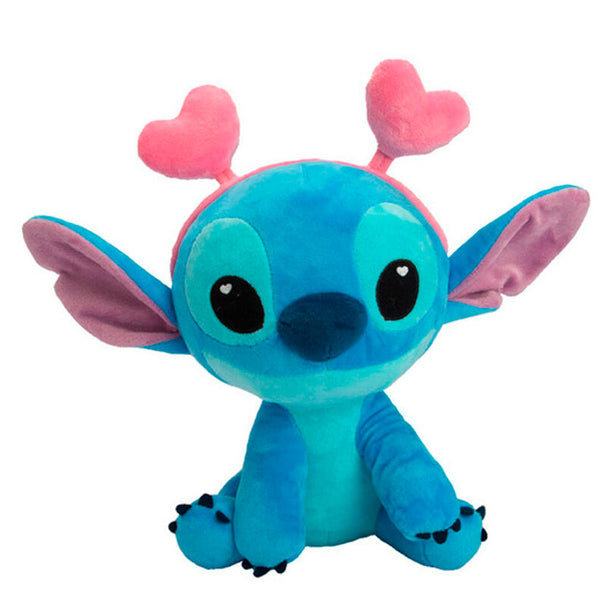 Peluche Stitch Disney 25cm avec motifs en forme de cœurs, fabriquée par SIMBA, vue de face.