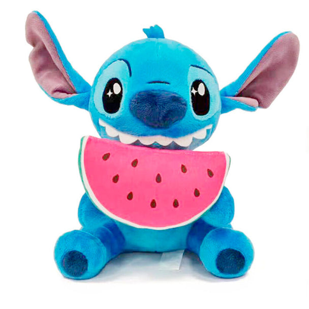 Peluche Disney Stitch de 25 cm avec motif pastèque, fabriquée par SIMBA, vue de face sur fond blanc.