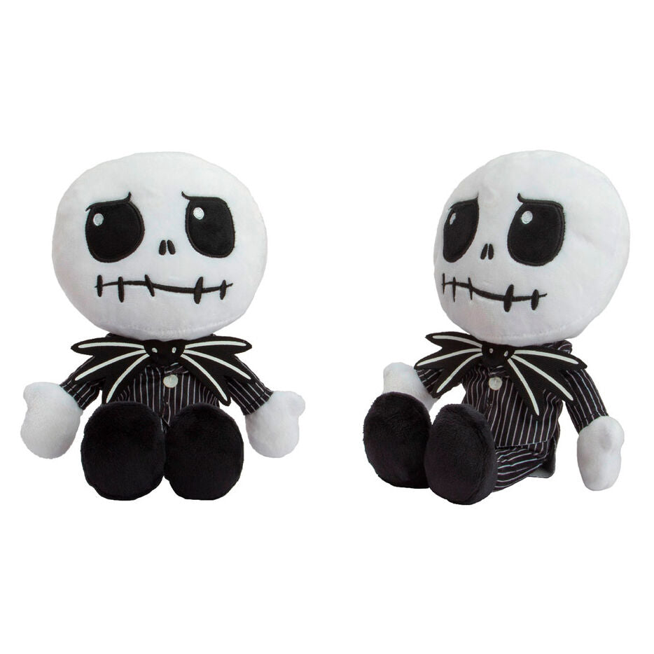 Peluche Jack Skellington de 25 cm issue du film Disney L'Étrange Noël de Monsieur Jack, fabriquée par Simba, vue de face.
