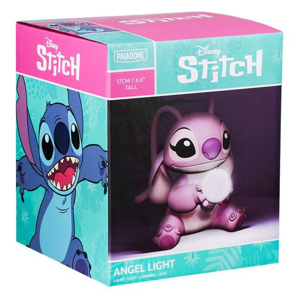 Lampe Disney Stitch et Angel de 16 cm allumée sur une table, montrant les détails colorés des personnages