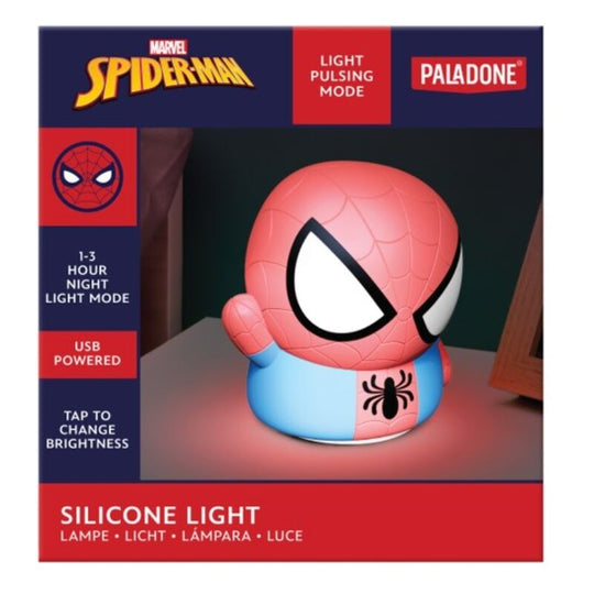 Lampe 3D Spiderman Marvel de 14cm allumée avec lumière blanche sur fond sombre