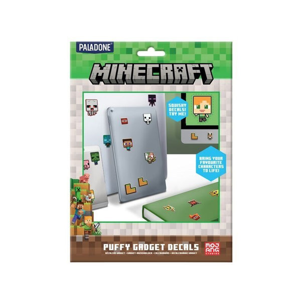 Plan rapproché des stickers Minecraft Gadgets Paladone sur deux pages en vinyle amovible, montrant des designs colorés et détaillés