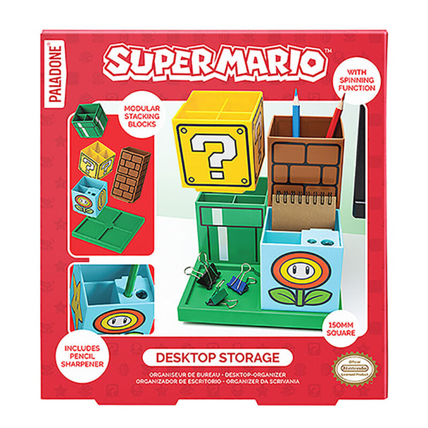 Organisateur de bureau Super Mario Bros PALADONE avec quatre blocs modulaires amovibles et taille-crayon intégré, vue avant