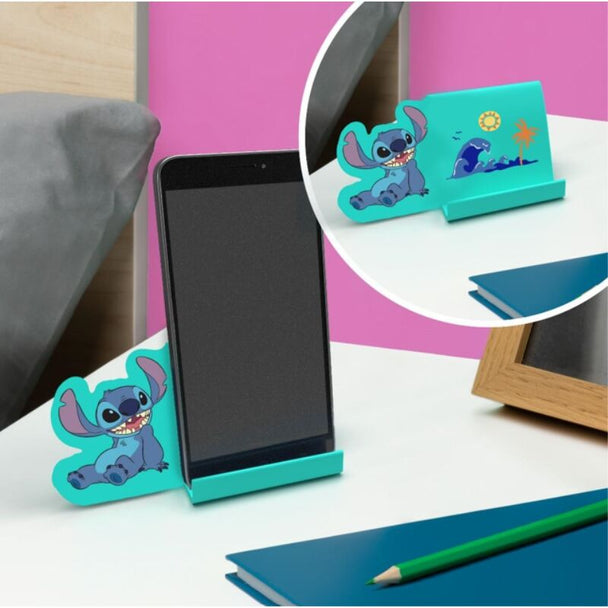 Support smartphone Disney Stitch en plastique acrylique transparent vu de face avec téléphone posé dessus