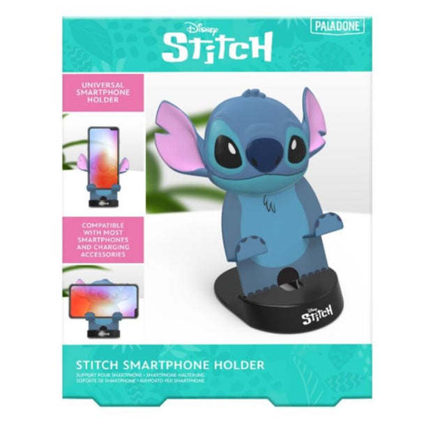 Support smartphone Disney Stitch en plastique acrylique transparent de 13 cm, vue de face avec téléphone posé