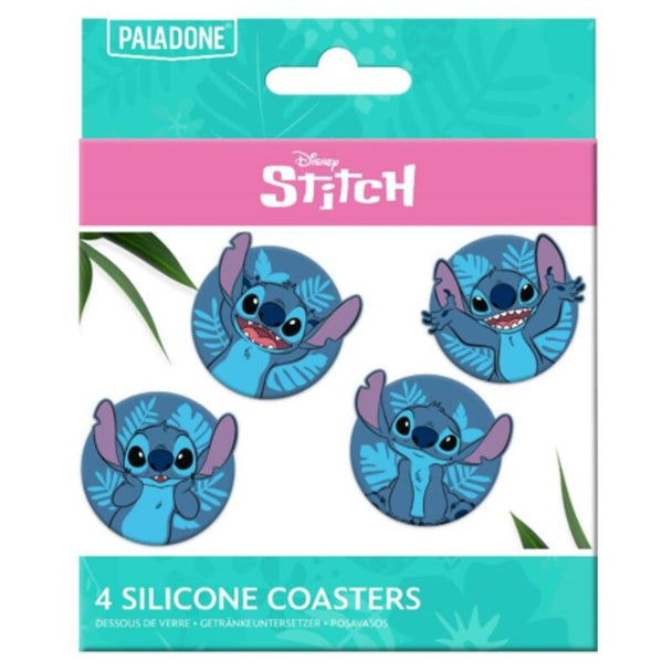 Set de 4 dessous de verre Disney Stitch en caoutchouc avec motifs colorés, dimensions 10x10 cm