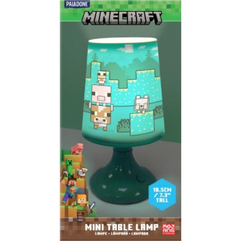 Lampe Minecraft PALADONE de 19 cm allumée, affichant un design pixelisé coloré inspiré du jeu vidéo.