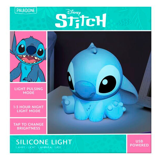 Vue de côté de la lampe Stitch avec câble USB pour la recharge visible en arrière-plan