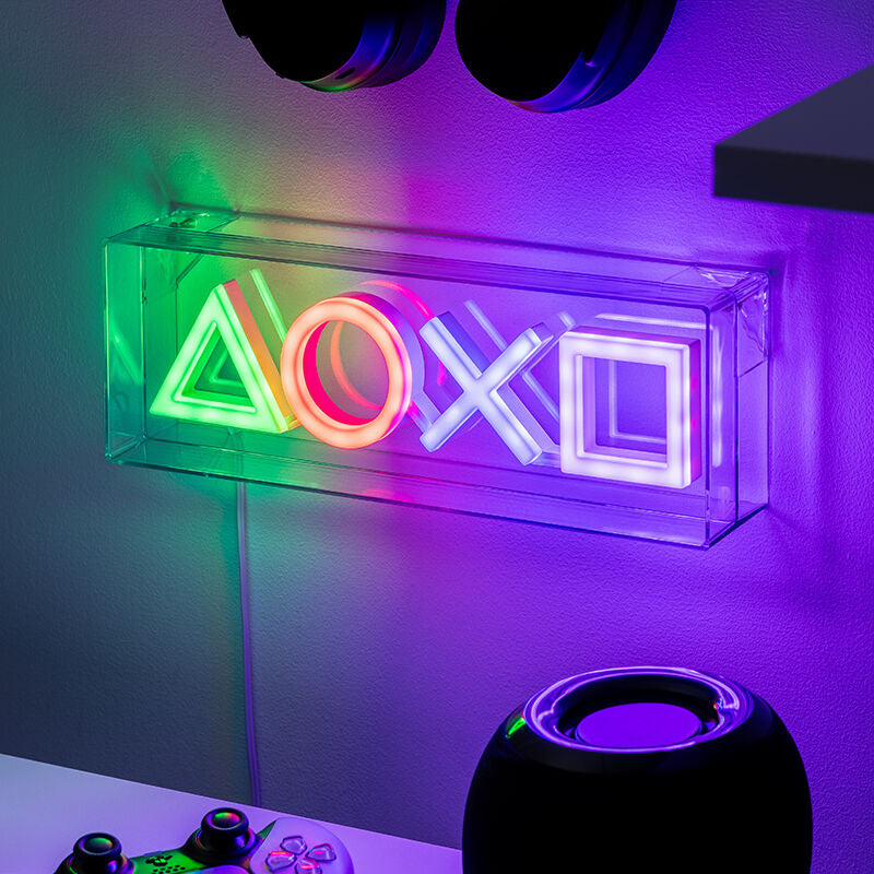Emballage et accessoires de la lampe LED PlayStation Symbols PALADONE avec câble USB-C inclus