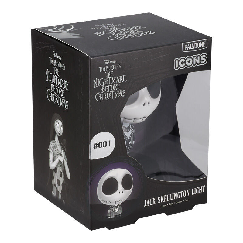 Lampe d'ambiance Jack Skellington posée sur une table de chevet avec piles AAA visibles
