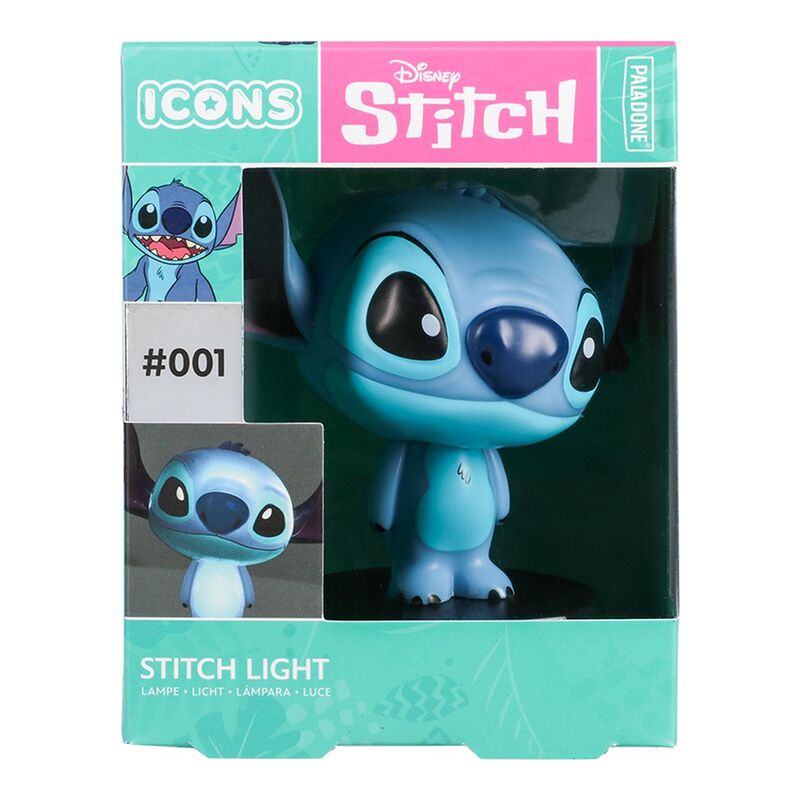 Lampe ambiante Stitch posée sur un bureau, éclairant un espace de travail enfantin.