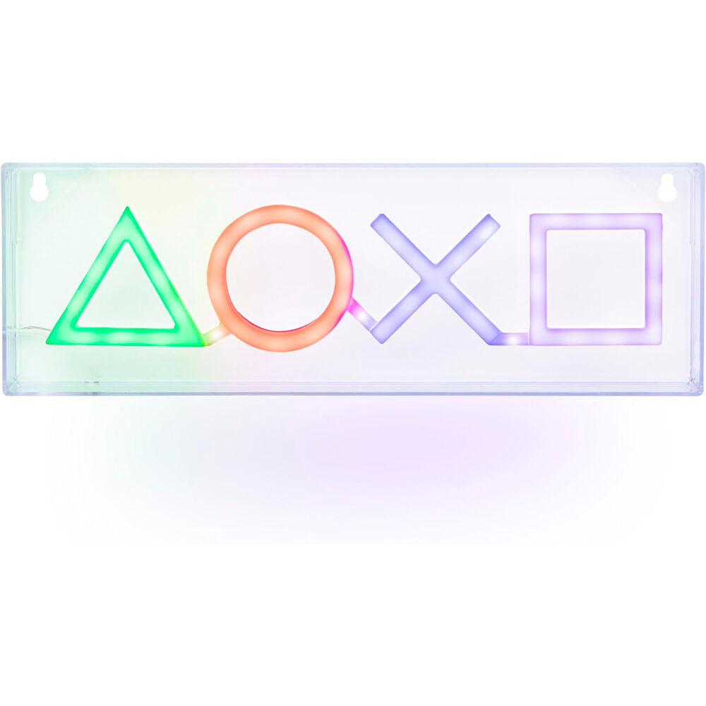 Vue rapprochée des symboles PlayStation illuminés sur la lampe LED PALADONE avec câble USB-C visible