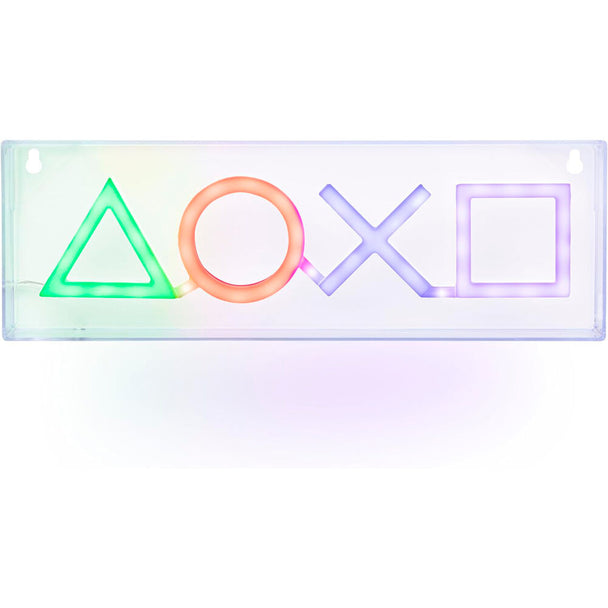 Vue rapprochée des symboles PlayStation illuminés sur la lampe LED PALADONE avec câble USB-C visible