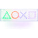 Vue rapprochée des symboles PlayStation illuminés sur la lampe LED PALADONE avec câble USB-C visible