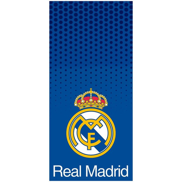 Serviette de plage en coton Real Madrid 70x140 cm avec logo officiel, idéale pour les fans du club espagnol.