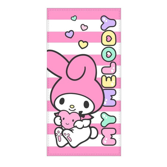 Serviette de plage microfibre Sanrio My Melody aux couleurs vives, dimensions 70x140 cm, parfaite pour la plage et la piscine.
