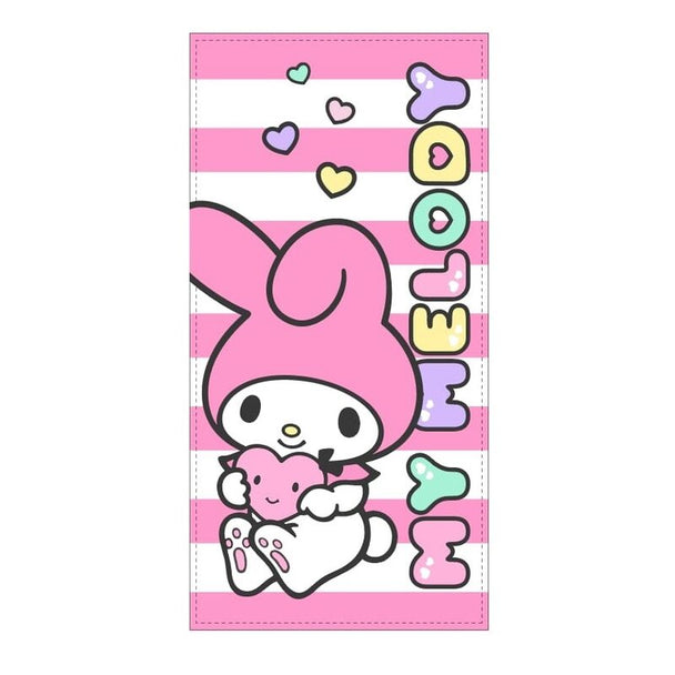Serviette de plage microfibre Sanrio My Melody aux couleurs vives, dimensions 70x140 cm, parfaite pour la plage et la piscine.
