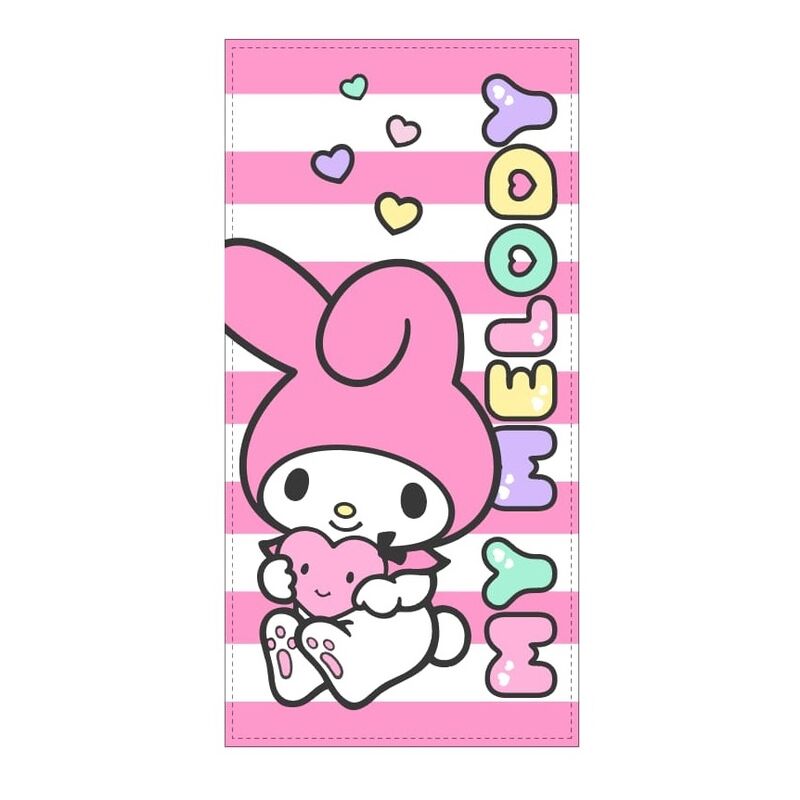 Serviette de plage microfibre Sanrio My Melody aux couleurs vives, dimensions 70x140 cm, parfaite pour la plage et la piscine.