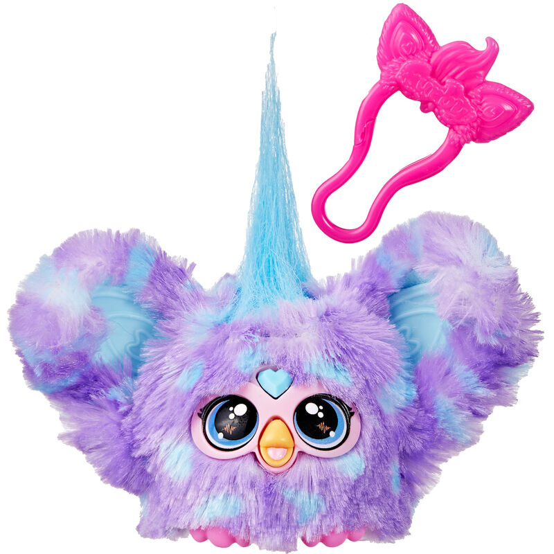 Mini Furby Furblet Groo-Vee électronique HASBRO avec clip porte-clés attaché à un sac à dos.