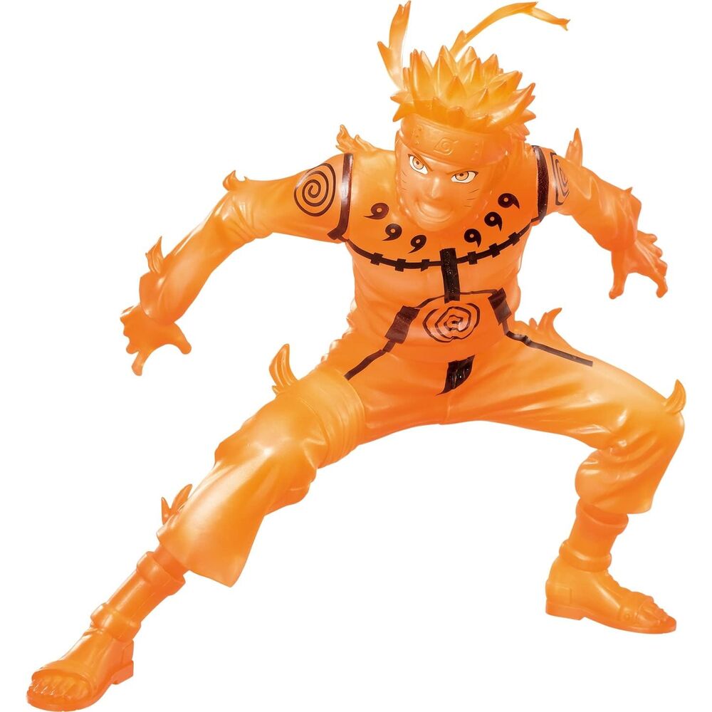 Détail des mains de la figurine Naruto Uzumaki en position de combat avec effets de vibration