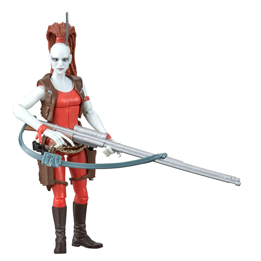 Vue arrière de la figurine Aurra Sing montrant les détails du dos et des accessoires