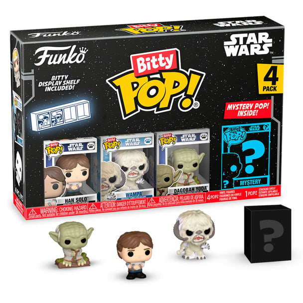 Zoom sur les détails des figurines Bitty POP Star Wars Han Solo, incluant une figurine rare mystère