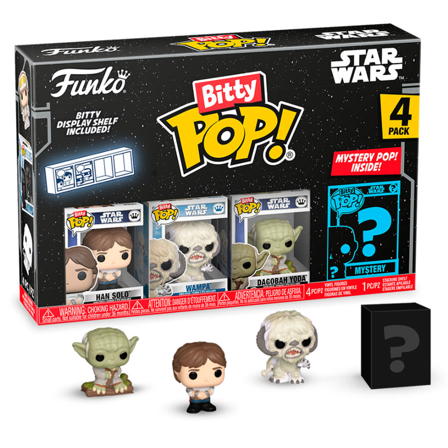Zoom sur les détails des figurines Bitty POP Star Wars Han Solo, incluant une figurine rare mystère
