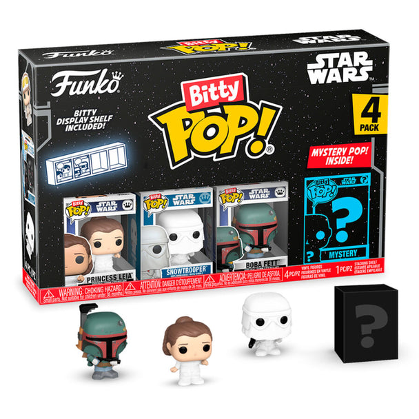 Blister contenant 4 figurines Bitty POP Star Wars avec la princesse Leia en vedette, emballées dans des boîtiers acryliques rigides.