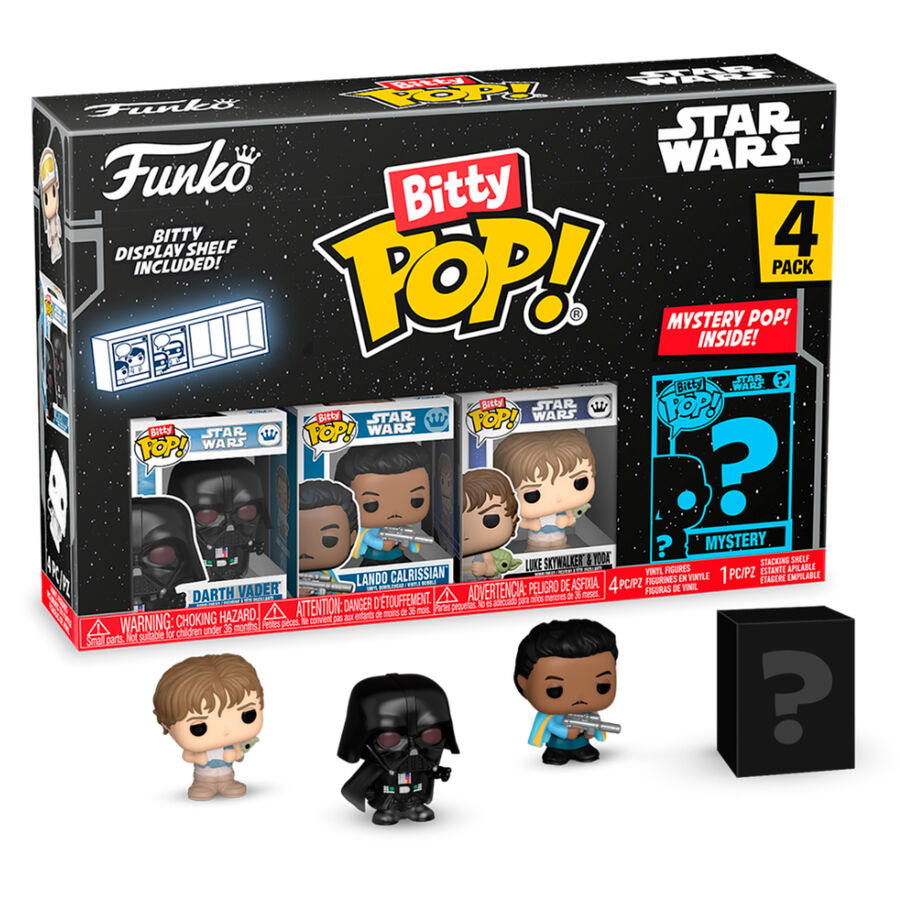Blister contenant 4 figurines Bitty POP Star Wars, incluant Darth Vader, dans des étuis en acrylique avec socles détachables.
