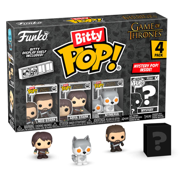Zoom sur la figurine Bitty POP de Ned Stark avec son socle acrylique détachable et les autres personnages du blister