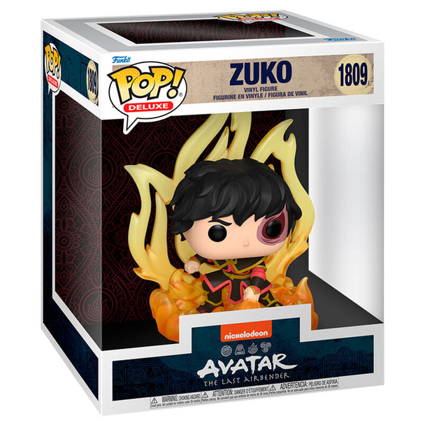 Vue rapprochée de la figurine Zuko Avatar The Last Airbender Funko POP Deluxe montrant les détails soignés du visage et des vêtements