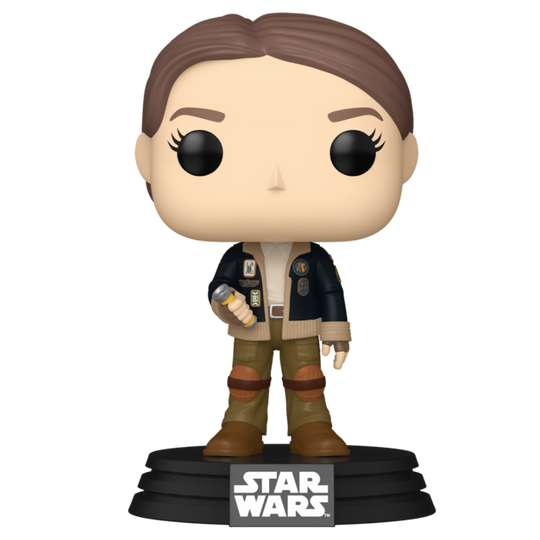Vue latérale de la figurine Funko POP Fern de la série Star Wars Skeleton Crew, présentée dans un emballage collector