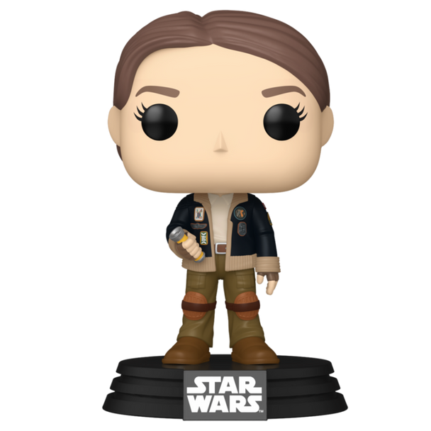Vue latérale de la figurine Funko POP Fern de la série Star Wars Skeleton Crew, présentée dans un emballage collector