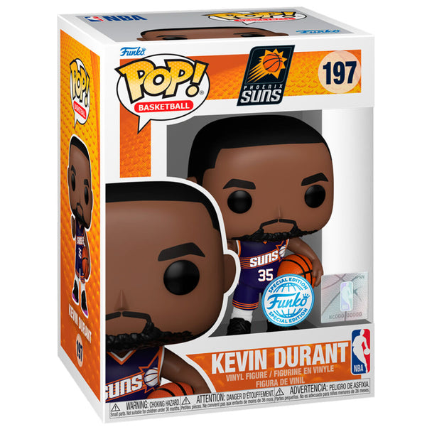 Détail de la figurine Funko POP Kevin Durant Suns avec sa boîte collector visible en arrière-plan