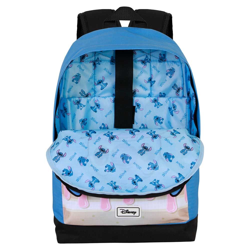 Photo du sac à dos Stitch ouvert montrant les compartiments spacieux et l’intérieur organisé
