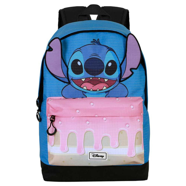 Vue de face du sac à dos Disney Stitch 44cm avec le personnage Stitch coloré sur fond bleu