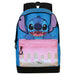 Vue de face du sac à dos Disney Stitch 44cm avec le personnage Stitch coloré sur fond bleu
