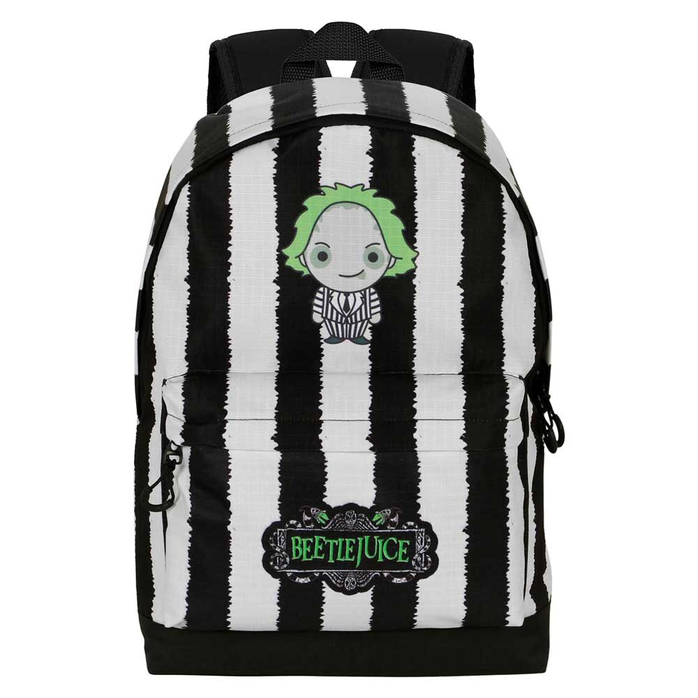 Vue de face du sac à dos Beetlejuice 44cm KARACTERMANIA avec design coloré et détaillé