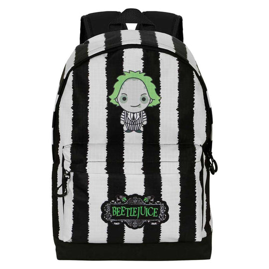 Vue de face du sac à dos Beetlejuice 44cm KARACTERMANIA avec design coloré et détaillé