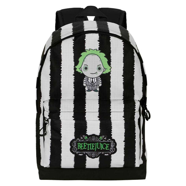 Vue de face du sac à dos Beetlejuice 44cm KARACTERMANIA avec design coloré et détaillé